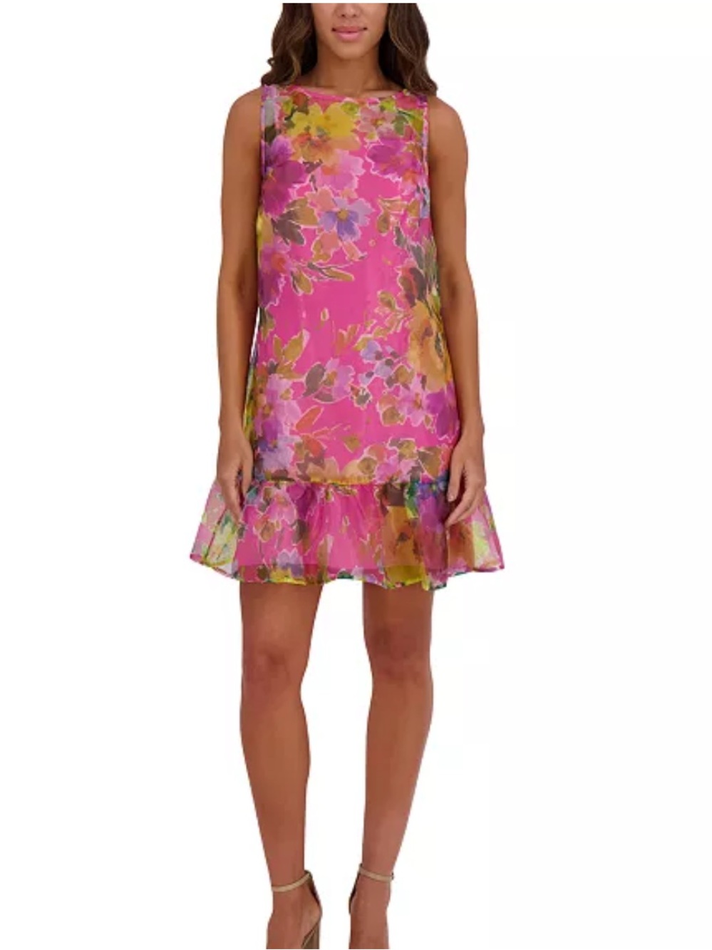 Kensie Floral Pink Ruffle-Hem Sleeveless Shift Dress